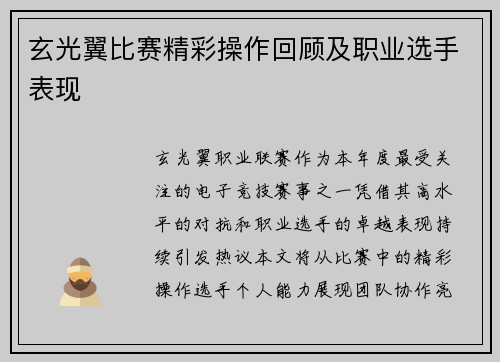 玄光翼比赛精彩操作回顾及职业选手表现