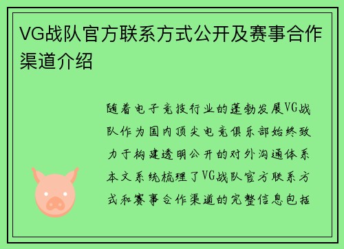 VG战队官方联系方式公开及赛事合作渠道介绍